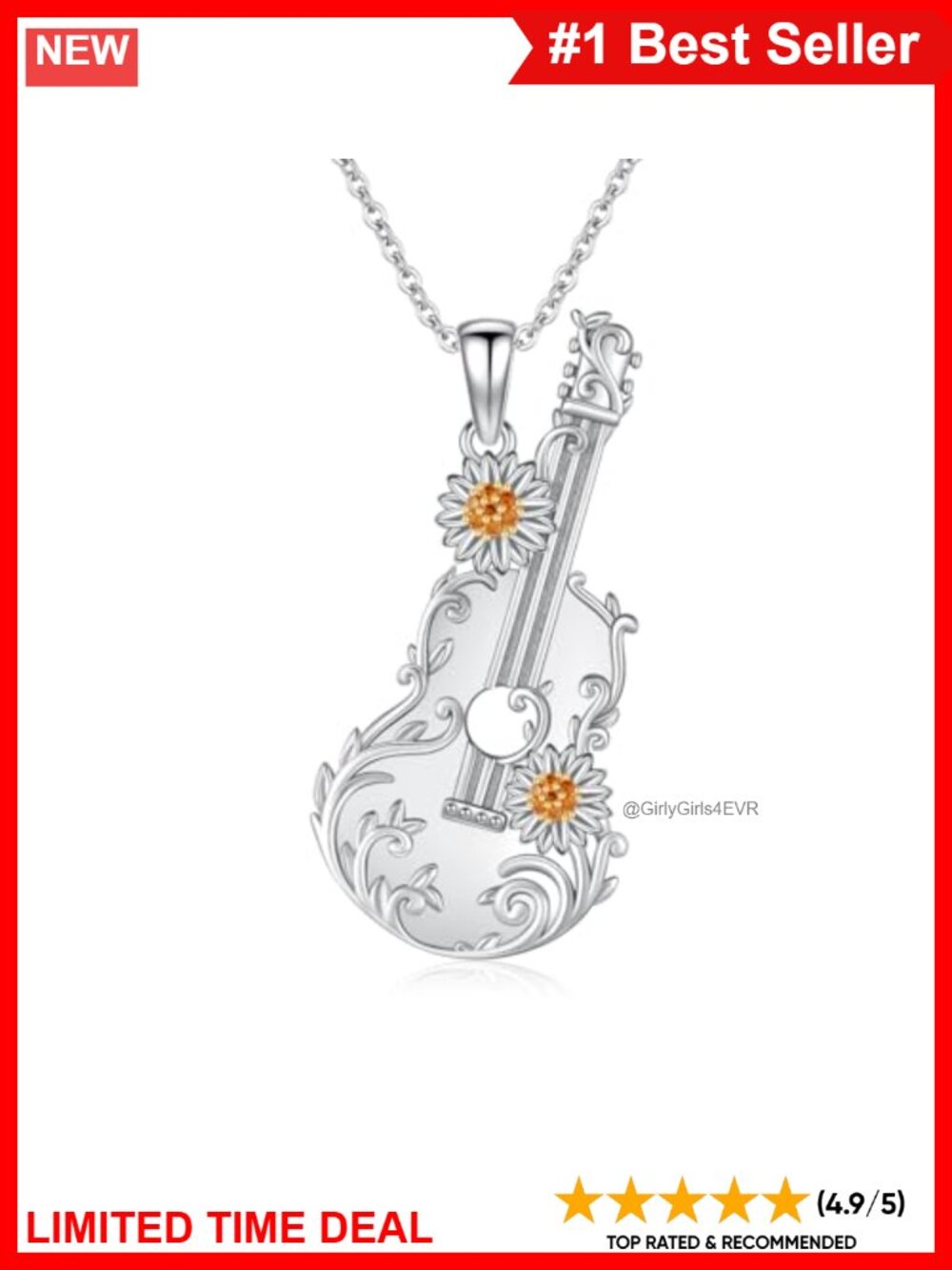 925 Sterling Silver Guitar Sunflower Music Necklace Pendant Women Gift